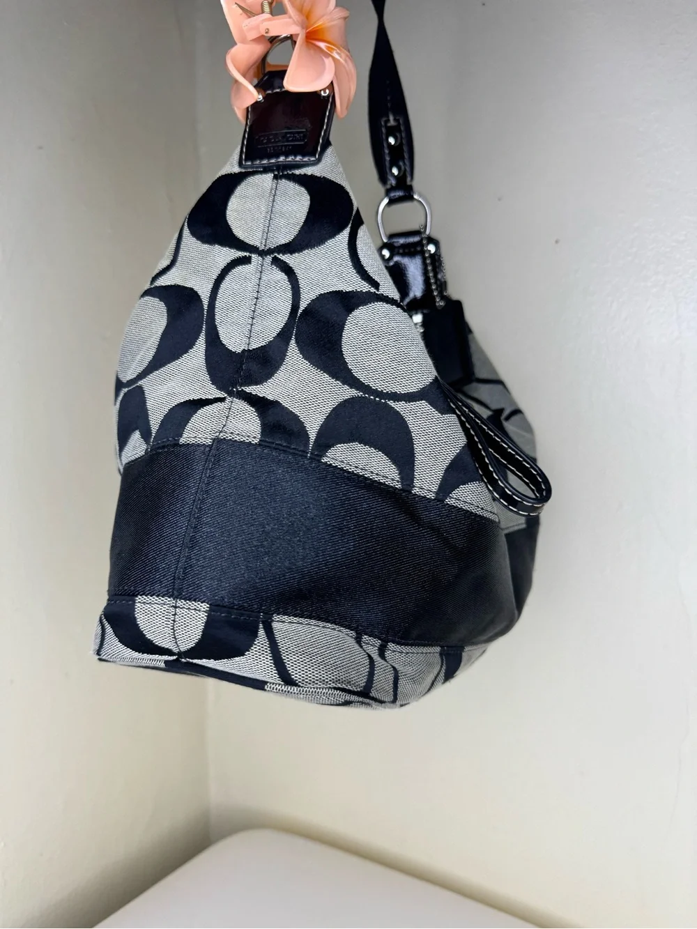 Coach Black & Gray Signature Canvas Shoulder Bag with Leather Trim